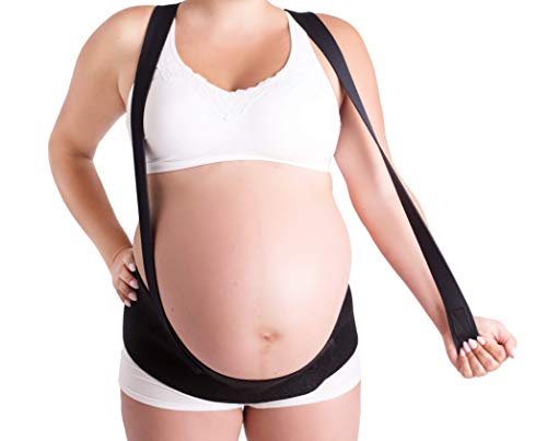 CABEA Baby Belly Band + Shoulder Straps for Maternity Support Back Hip Belly Pain relief (Medium Black Shoulder 5'4'-5'6' Belly Band M 10-12, Black)