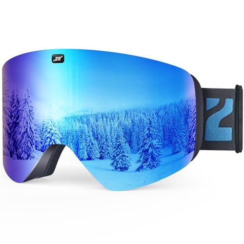 ZIONOR X11 Ski Snowboard Snow Goggles with Magnetic Interchangeable Cylindrical Lens Anti-fog UV Protection for Men Women Adult （VLT 22% Blue Lens）