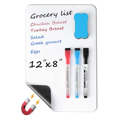 MaxGear Small Magnetic Dry Erase Board Sheet for Refrigerator, Fridge Whiteboard for Kitchen, 12'x8' White Board Organizer and Planner with Stain Resistant Technology, Include 1 Eraser, 3 Markers