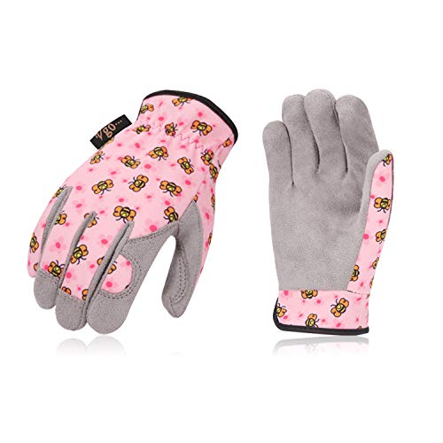 Vgo... 1-Pair Age 3-4 Kids Gardening Gloves,Children Yard Work Gloves,Soft Safety Outdoor Playing Gloves (Size XS, Pink Bee, KID-MF7362)