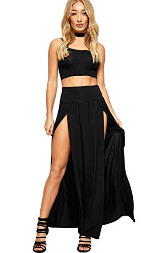 OgLuxe Womens Double Split Maxi Long Skirt Ladies Plain Basic Two Side Slit 4-22 (M/L (US 8-10), Black)