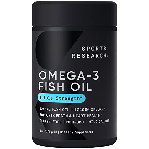 Sports Research Triple Strength Omega 3 Fish Oil - Burpless Fish Oil Supplement w/EPA & DHA Fatty Acids from Single-Source Wild Alaskan Pollock - 1250 mg, 180 ct