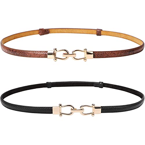 JASGOOD Leather Skinny Women Thin Waist Belts for Dresses up to 37 Inches with Golden Buckle 2 Pack (01-Black+Brown, Waist size below 37 Inches)