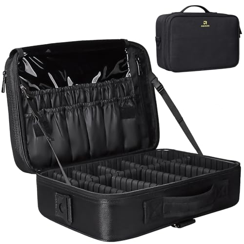 Relavel Travel Makeup Train Case Makeup Cosmetic Case Organizer Portable Artist Storage Bag with Adjustable Dividers for Cosmetics Makeup Brushes Toiletry (medium black)