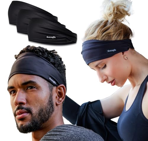 Sweatband for Men and Women - Unisex Headband That Wicks Moisture and Eliminates Excess Sweat - Running, Sports, Cycling, Football, Triathlons, Construction, Yoga and More (Black, Pack of 3)