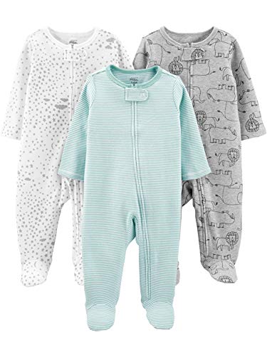 Simple Joys by Carter's Baby 3-Pack Neutral Sleep and Play, Green Stripe/Grey Lion/White Stars, Newborn