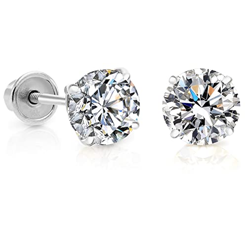 14k White Gold Solitaire Cubic Zirconia Stud Earrings with Secure Screw-backs (4mm)