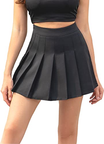 Hoerev Women Girls Short High Waist Pleated Skater Tennis Skirt, US 0,XS,Black