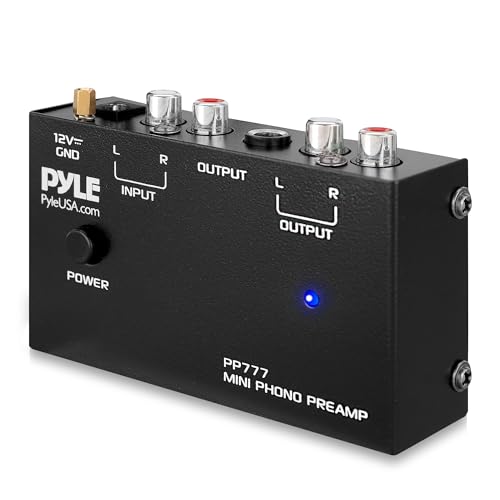 Pyle PP777 Phono Turntable Preamp Mini Electronic Audio Stereo Phonograph Preamplifier Input, RCA Output & Low Noise Operation Powered by 12 Volt DC Adapter
