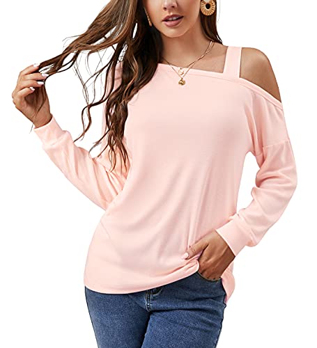 JINKESI Women's Long Sleeve Tunic Tops Casual Cold Shoulder Blouse Shirts Light Pink-XX-Large