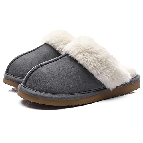 Litfun Women's Fuzzy Memory Foam Slippers Fluffy Winter House Shoes Indoor and Outdoor, Grey 7-7.5