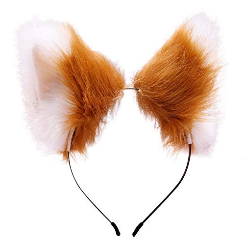 Fxaelian Animal Anime Faux Fur Fox Wolf Cat Dog Ears Headband Halloween Cosplay Costume Party Headbands Headpiece for Women Men Adult Light Brown