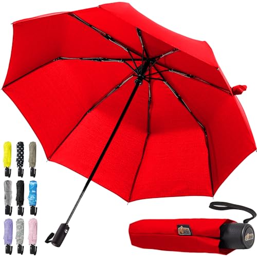 Gorilla Grip Windproof Compact Stick Umbrella for Rain, One-Click Automatic Open and Close, Strong Reinforced Fiberglass Ribs, Easily Collapsible, Lightweight Portable Umbrellas for Travel, Red