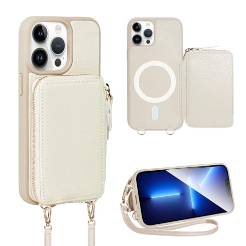 ZVE iPhone 15 Pro Max Wallet Case Magsafe, Crossbody Magnetic Phone Case with Card Holder Wrist Strap for Women, Zipper Leather RFID Blocking Cover for iPhone 15 Pro Max, 6.7'-Beige