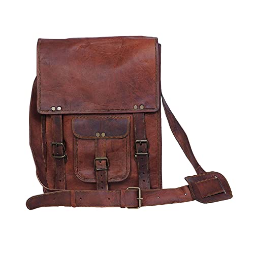 Leather crossbody bag messenger satchel tablet bag 11 inches for men and women by KPL (Brown)