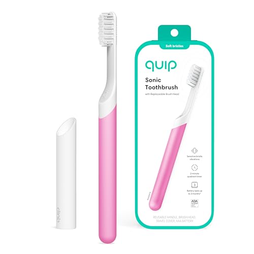 Quip Adult Electric Toothbrush - Sonic Toothbrush with Travel Cover & Mirror Mount, Soft Bristles, Timer, and Plastic Handle - Magenta