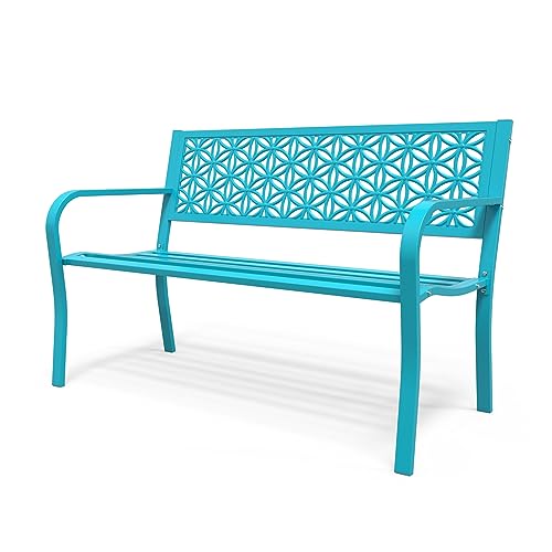 VINGLI 50' Outdoor Bench Metal with Floral Back, Garden Bench Front Porch Bench for Yard Patio Entryway Park, 800lb Capacity - Blue