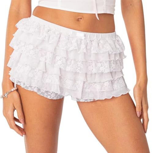 ABYOVRT Women Ruffle Shorts Lolita Bloomers Y2k Fairy Lace Layered Pumpkin Pants Sweet Cute Panties (A-White,S)