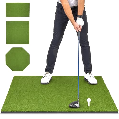 GoSports Golf Hitting Mats - Artificial Turf Training Mat for Indoor/Outdoor Swing Practice, Includes 3 Rubber Tees - 5' x 4' 15mm ELITE Turf
