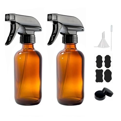 HAOERMEI 8 oz Amber Glass Spray Bottles - 2 Pack Refillable Empty Bottle for Cleaning Solutions, Essential Oils, Plants, Hair Mister - with Labels &Funnel, Dropper