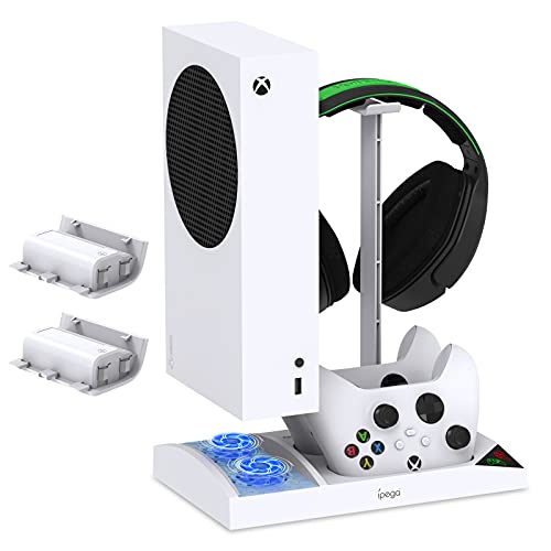 Upgraded Vertical Cooling Fan Stand for Xbox Series S, Cooler Fan System Dual Controller Charging Dock Station with 2 x 1400mAh Rechargeable Battery Pack, Headphone Bracket for Xbox Series S (White)