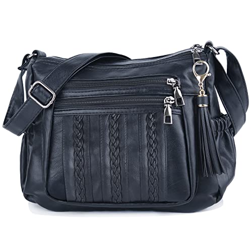 ELDA Purses for Women Pocketbooks Soft PU Leather Ladies Crossbody Purse Multi Pocket Shoulder Bag (Black)