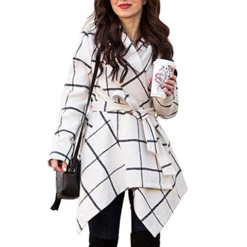 Chicwish Women's Turn Down Shawl Collar Open Front Long Sleeve Grid White Asymmetric Hemline Wool Blend Coat, White, X-Small