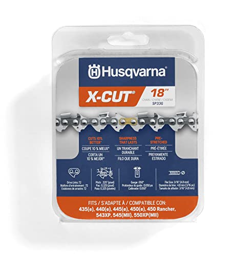 Husqvarna X-Cut SP33G 18 Inch Chainsaw Chain, 325' Pitch, 050' Gauge, 72 Drive Links, Highly Durable, Pre-Stretched Chainsaw Blade Replacement with Superior Lubrication and Low Kickback, Gray