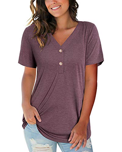 LAISHEN Womens Summer Casual V Neck Short Sleeve Shirts Basic Tops Button Dressy Loose Fit Tunic(Dark red,XL)