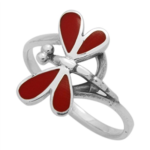 Blue Apple Co. Dragonfly Ring 925 Sterling Silver Simulated Red Coral, Size - 6