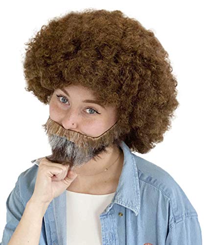 HPO Adult Unisex 80's Painter Brown Afro Wig and Brown and Patches of Gray Beard Set | Easy and Classic Celebrity Costume | Premium Halloween & Cosplay Wig (Adult)