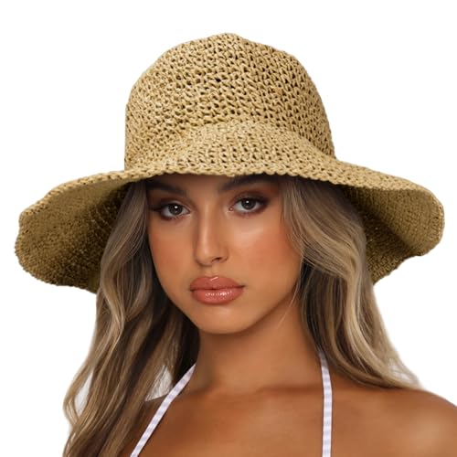 Sydbecs Women's Sun Hats Wide Brim Summer Beach Hat for Women Foldable Travel Straw Hat UPF50+ (Khaki)