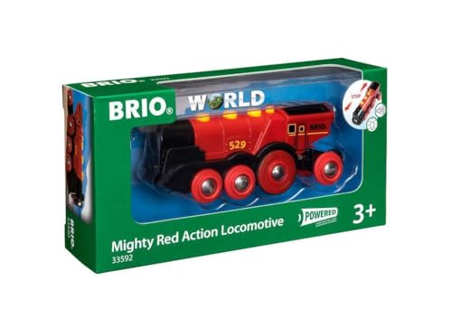 BRIO World 33592 Mighty Red Action Locomotive - Battery Operated Toy Train with Light, Sound Effects | Ideal for Kids Age 3 Compatible with All BRIO Tracks and Vehicles