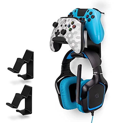 BRAINWAVZ The UberAtlas Dual Game Controller & Headphone Stand Wall Mount Holder for Xbox ONE, Series X, PS5, PS4, PS3, Switch, STEELSERIES Gamepad & More, Stay Organized No Screws (Two Pack)