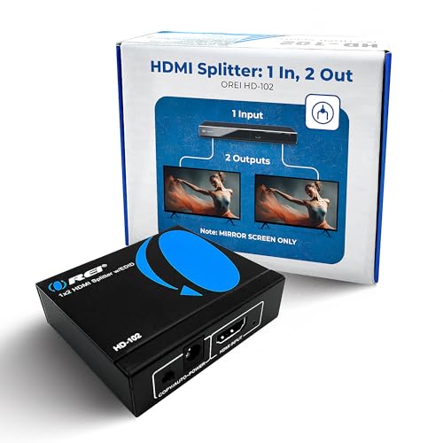 OREI HDMI Splitter 1 in 2 Out - 1x2 HDMI Duplicator Display Mirror Only - Not for Multi Monitors 1080P, 4K @ 30Hz (One Input To Two Outputs) - USB Cable Included - 1 Source to 2 Identical Displays