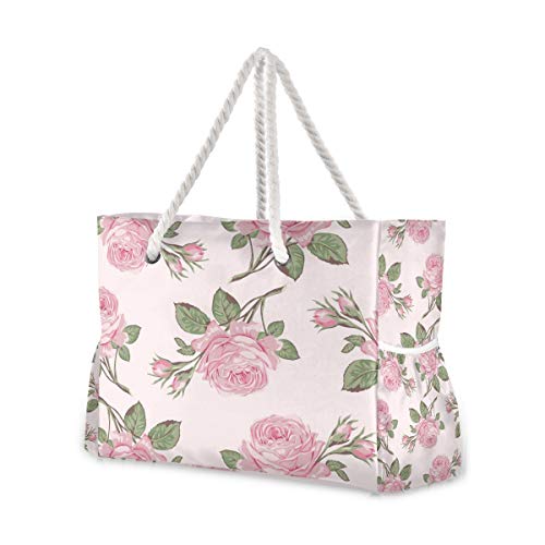 ALAZA Beach Bag, Shabby Chic Rose Shoulder Beach Tote with Cotton Rope Handles