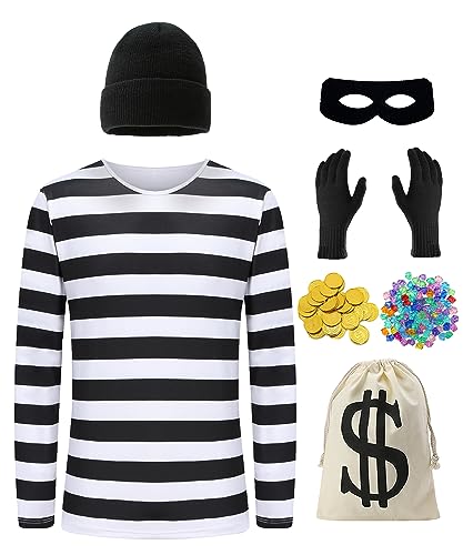 Enccfoeo Adult Robber Costume Men Striped T-Shirt Bank Burglar Thief Cop and Robbers Cosplay Halloween Costumes with Accessories Hat Mask Canvas Money Bag Gloves Gem Gold Coin EN035S