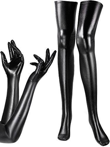 SATINIOR Women's Carnival Halloween Costume Elastic Spandex Shiny Wet Long Gloves and Thigh High Stockings