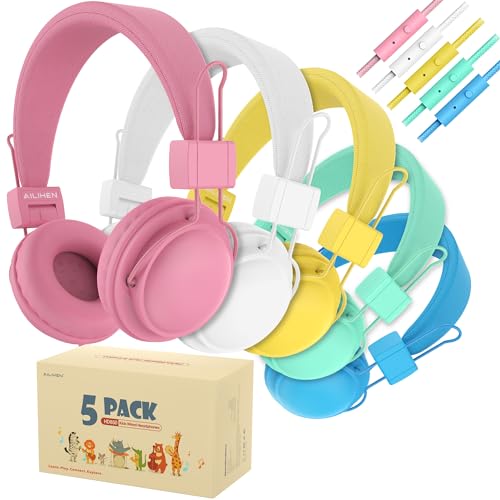 AILIHEN Kids Headphones Bulk Wired 5-Pack for K-12th Grade, School & Classroom, with Microphone, 85dB Volume Limit, Shareable, Foldable, 3.5mm Jack for Chromebook, Computer - Light Color