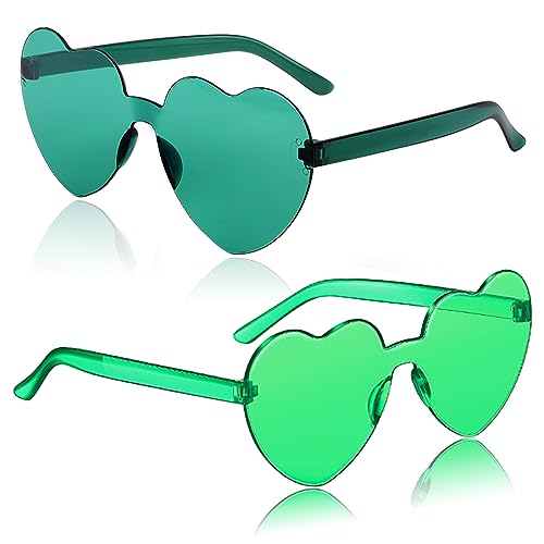 ILHSTY 2 pair Heart Sunglasses for Women Men, Transparent Color Heart Shaped Sunglasses Bachelorette Party Glasses (Green, Light Green)