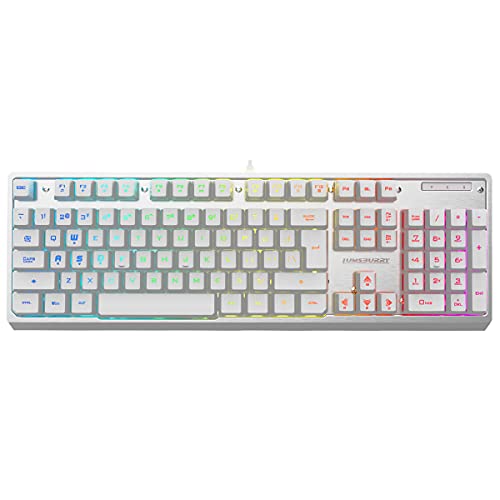 Lumsburry White Gaming Keyboard, Rainbow LED Backlit,19 Anti-ghosting Keys, USB Wired, Metal Panel, Ergonomic 104 Keys, Multimedia Control, Water-Resistant, Full Size, for Windows PC Mac Office Gamer
