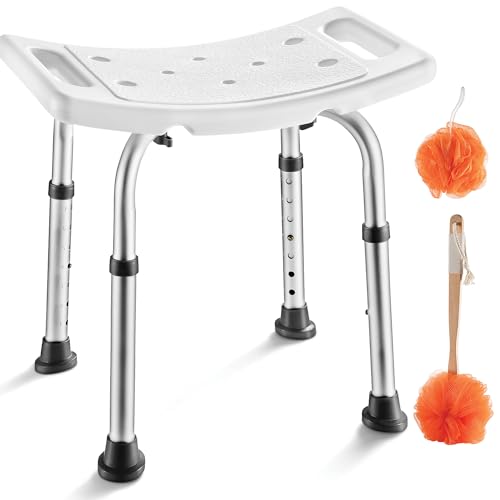 Medical king Shower Chair - with Back Scrubber & Additional Sponge - Tool Free Shower Chair for Elderly - with 8 Adjustable Heights - Portable Anti Slip Bath Chair for Elderly
