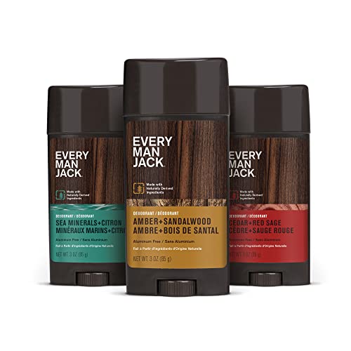 Every Man Jack Men's Deodorant Variety Set - Includes Three Full-Sized Deodorant Sticks with Clean Ingredients & Incredible Scents - Cedar + Red Sage, Amber + Sandalwood, Sea Mineral + Citron