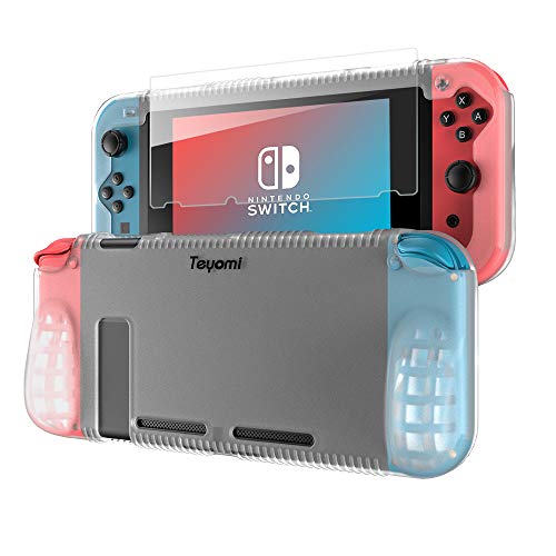 Teyomi Protective Silicone Case for Nintendo Switch, Grip Cover with Tempered Glass Screen Protector, 2 Storage Slots for Game Cards, Shock-Absorption & Anti-Scratch (Clear White)