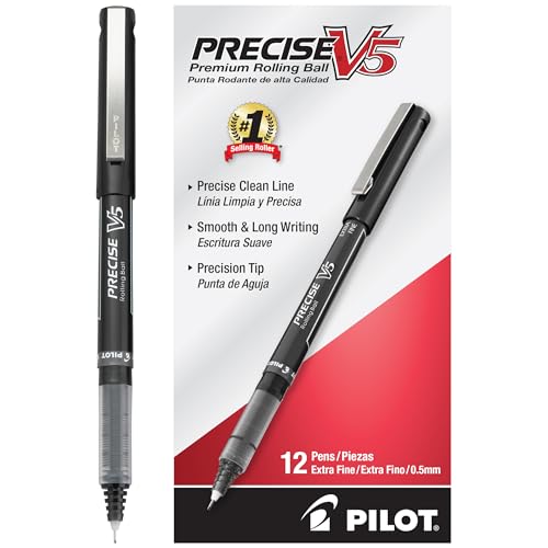Pilot, Precise V5, Capped Liquid Ink Rolling Ball Pens, Extra Fine Point 0.5 mm, Black, Pack of 12