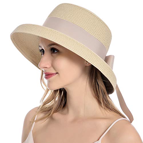 Muryobao Womens Sun Straw Hat Summer UV Protection Travel Foldable Wide Brim Bucket Hat Vintage Cloche Beach Fishing Cap UPF 50+ Beige
