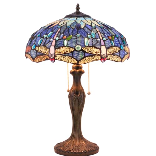 WERFACTORY Tiffany Lamp Blue Stained Glass Dragonfly Style Bedside Table Lamp 16X16X24 Inch Desk Reading Light Metal Base Decor Bedroom Living Room Home Office S631 Series