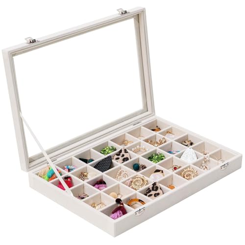 Mebbay 35 Grid Earring Organizer Velvet Jewelry Tray Organizer Felt Jewelry Box Tray Holder with Clear Lid for Drawer, Earring Necklace Bracelet Ring Healing Stones Storage (Creamy White)