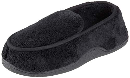 isotoner Men's Terry Moccasin Slipper with Memory Foam for Indoor/Outdoor Comfort, Black, Large