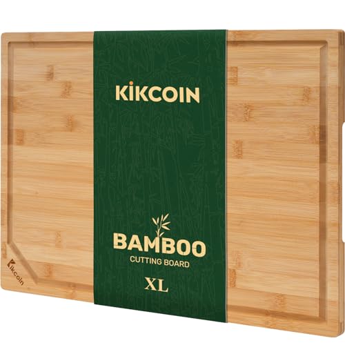 Bamboo Cutting Boards for Kitchen, Extra Large Wood Cutting Board with Deep Juice Groove and Handle Heavy Duty Chopping board, Kikcoin, 17.6' x 12'